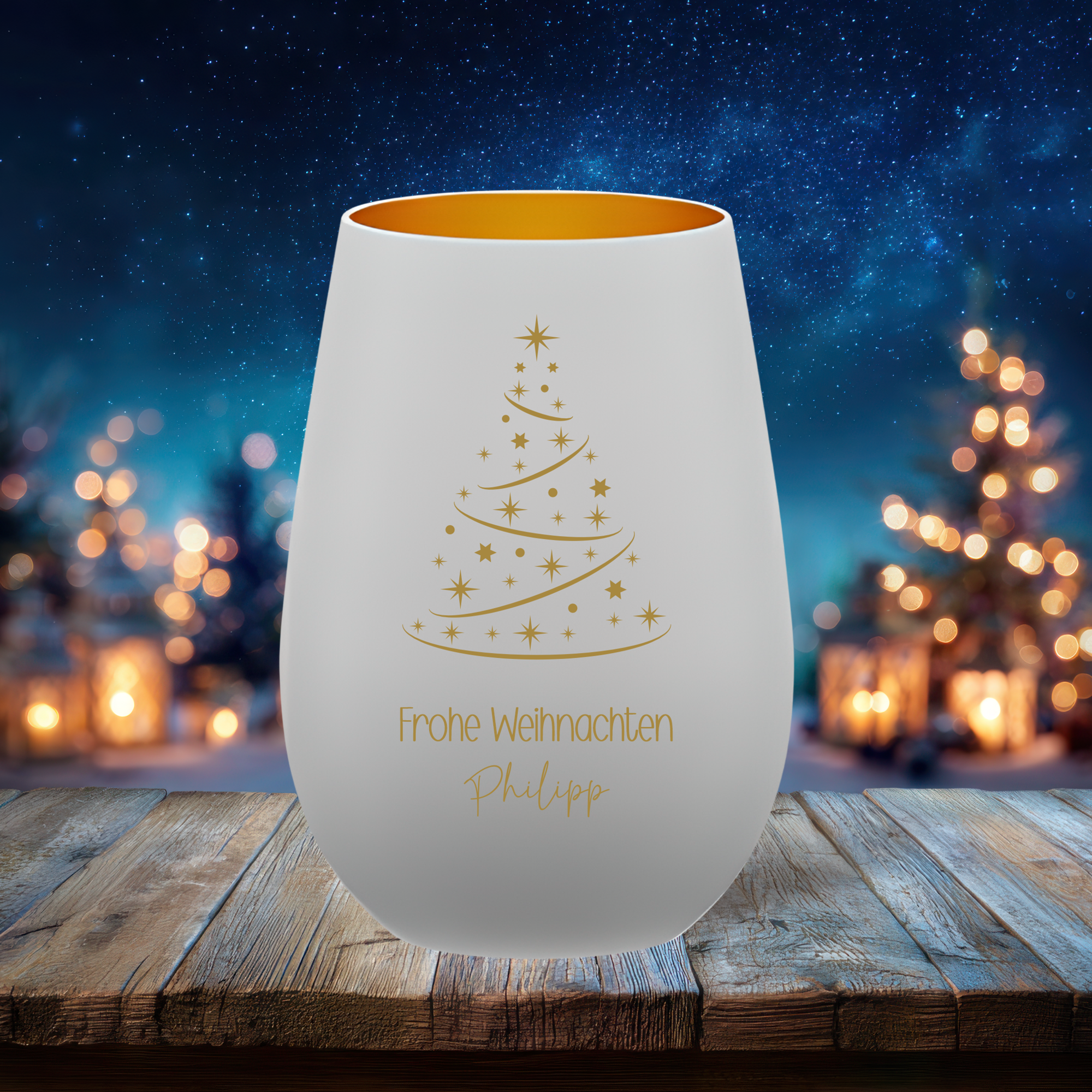 Personalisiertes Weihnachts-Windlicht „Frohe Weihnachten“ mit Tannenbaum-Motiv und Namensgravur