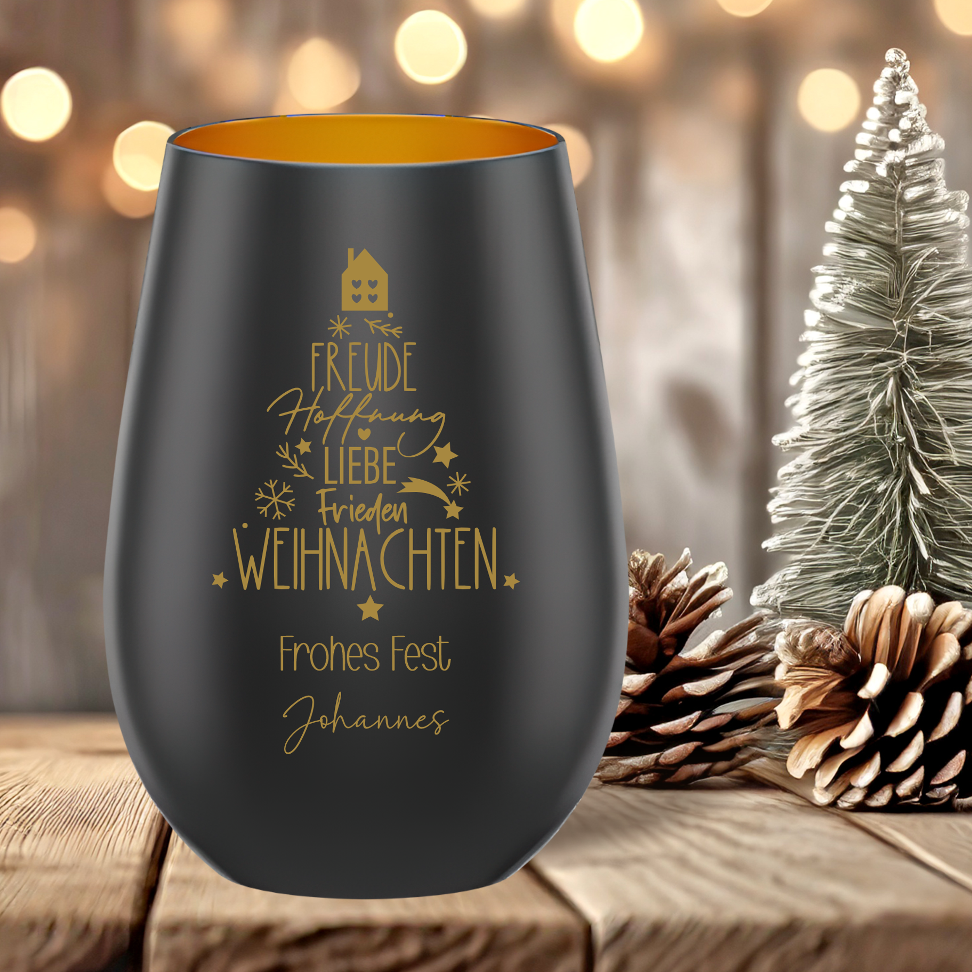 Personalisiertes Weihnachts-Windlicht mit Gravur „Freude Hoffnung Liebe Frieden Weihnachten“ und Name