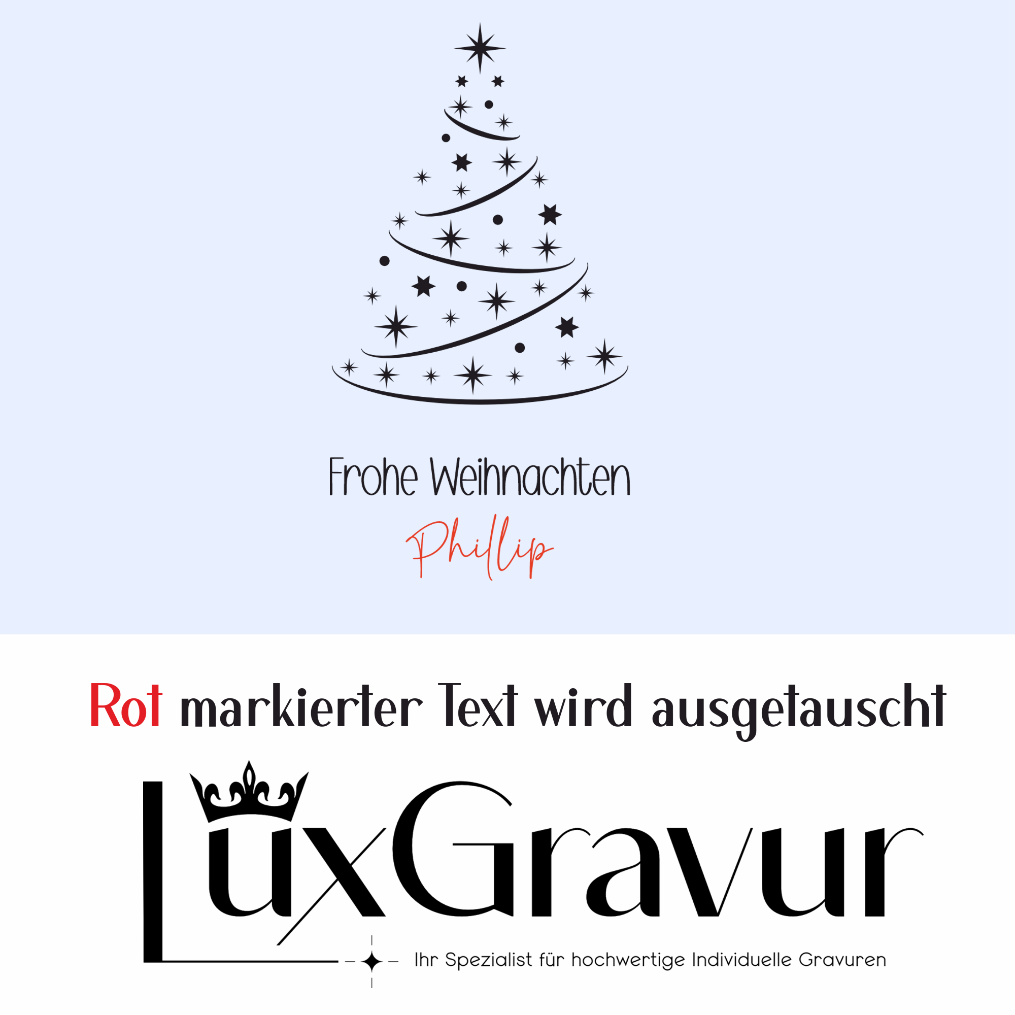 Personalisiertes Weihnachts-Windlicht „Frohe Weihnachten“ mit Tannenbaum-Motiv und Namensgravur
