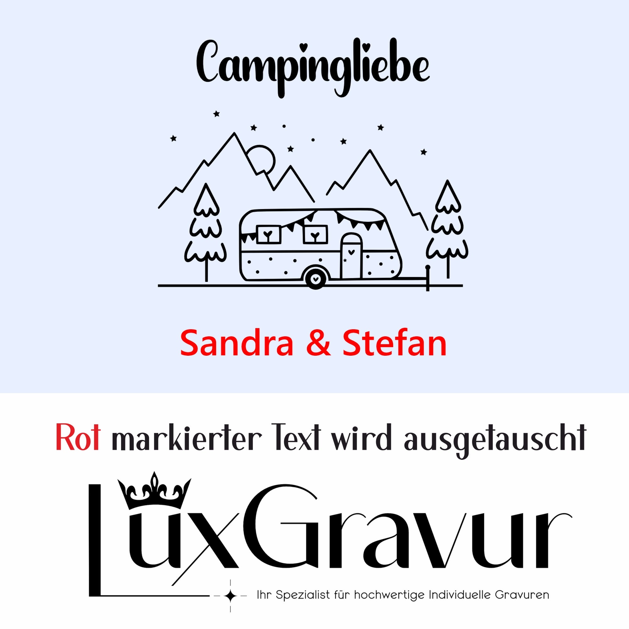 Personalisiertes Camping-Windlicht „Campingliebe“ mit Wohnwagen-Motiv und Namensgravur