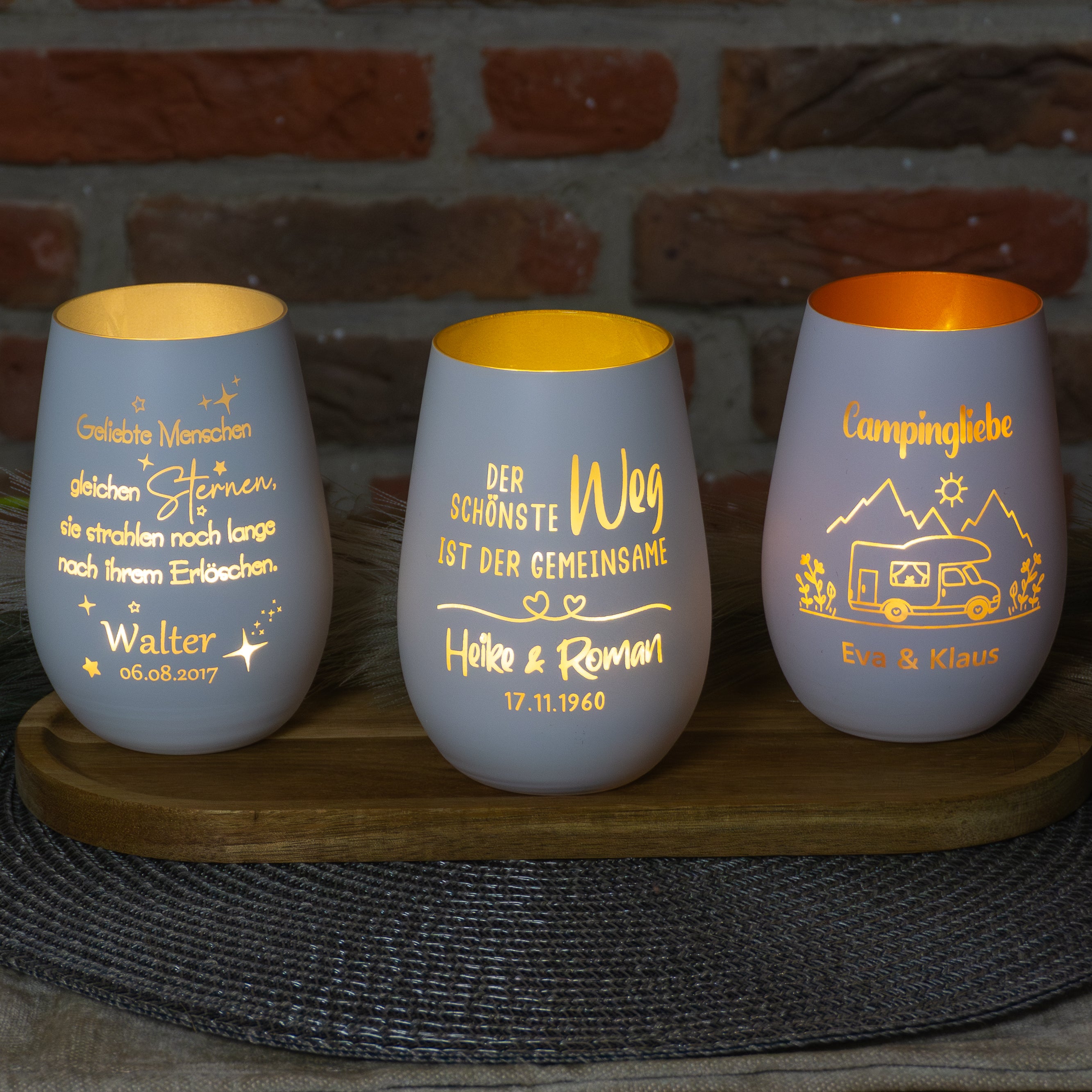 Personalisierte Windlichter mit Lasergravur in verschiedenen Farbvarianten