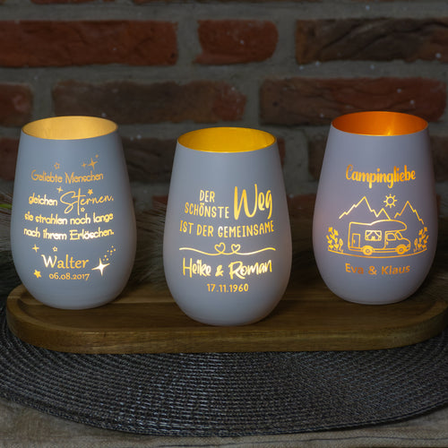 Personalisierte Windlichter mit Lasergravur in verschiedenen Farbvarianten