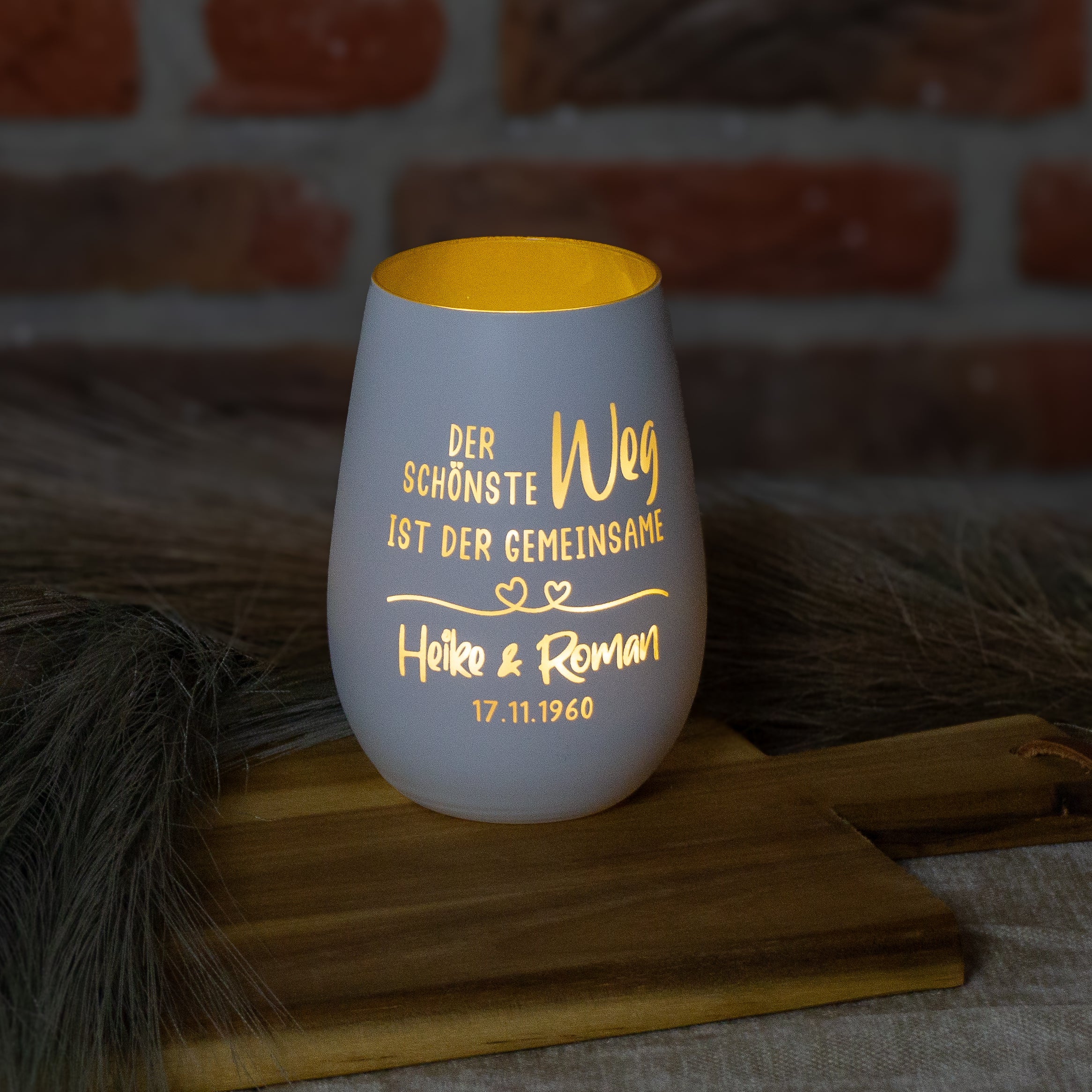 Personalisiertes Windlicht „Der schönste Weg ist der gemeinsame“ mit Namens- und Datumsgravur