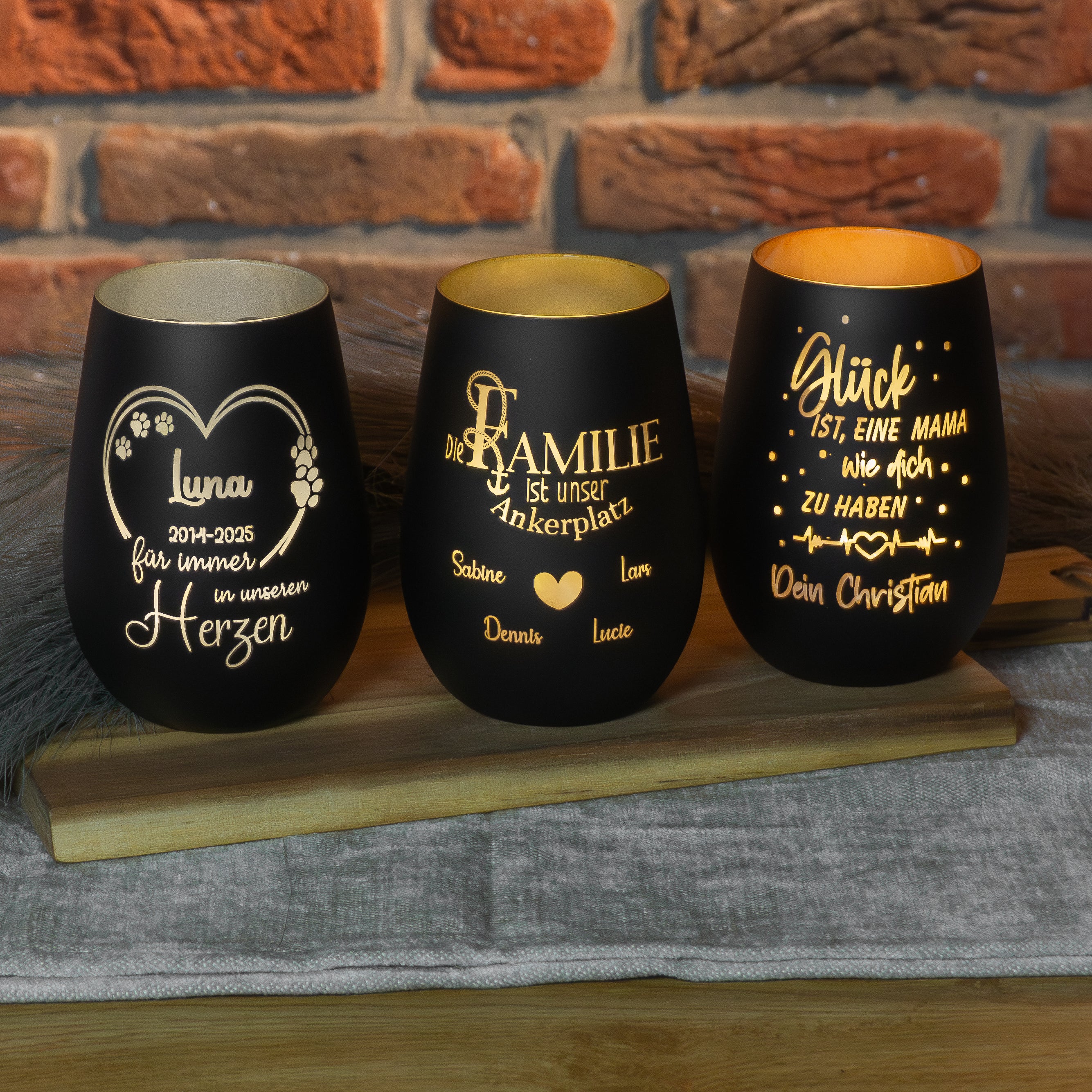 Windlicht mit individueller Namensgravur - Beispiel in Gold/Bronze/Silber