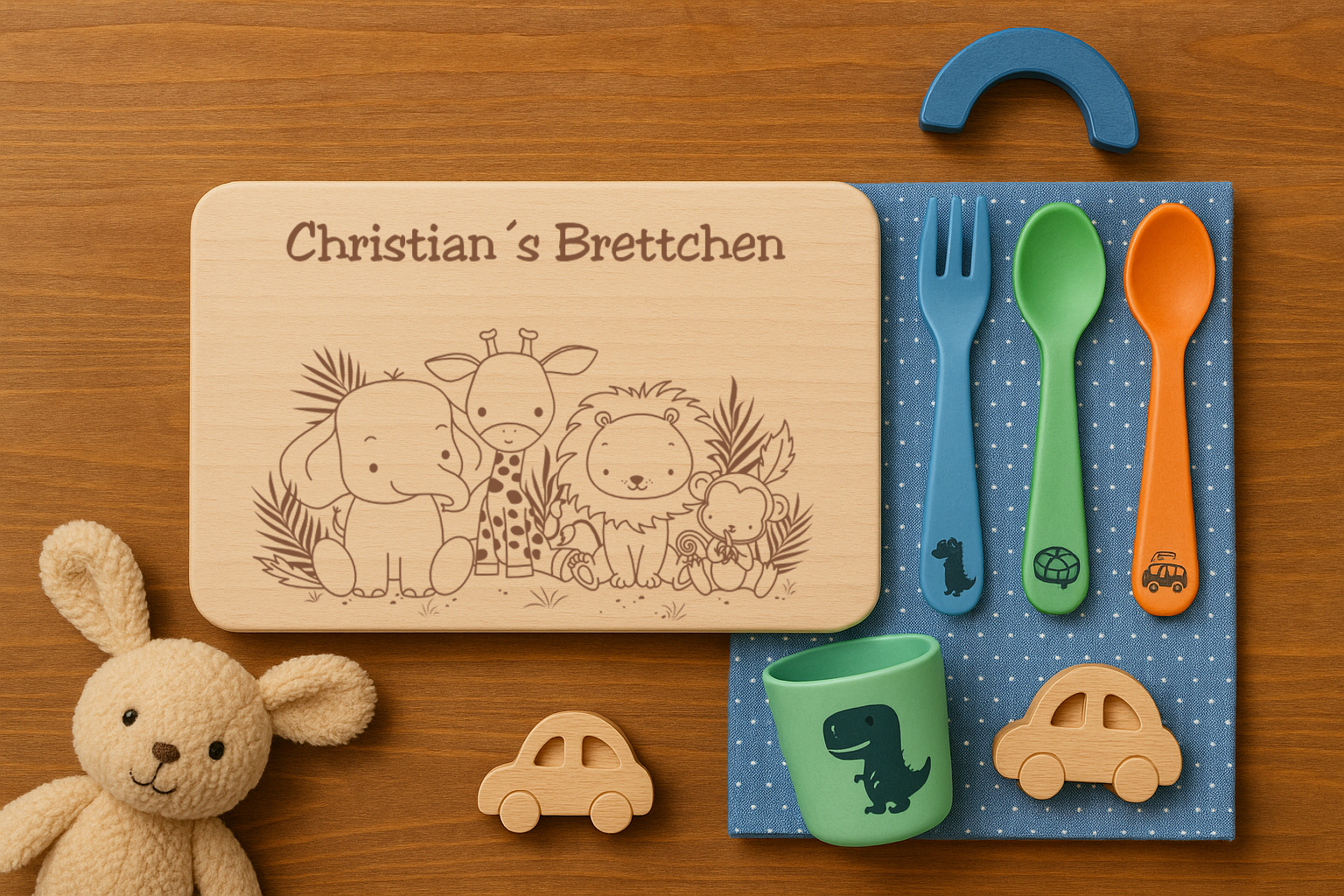 Personalisiertes Kinder-Frühstücksbrett aus Buchenholz mit Tiermotiven und Namensgravur