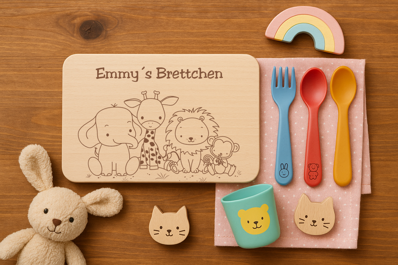 Personalisiertes Kinder-Frühstücksbrett aus Buchenholz mit Tiermotiven und Namensgravur
