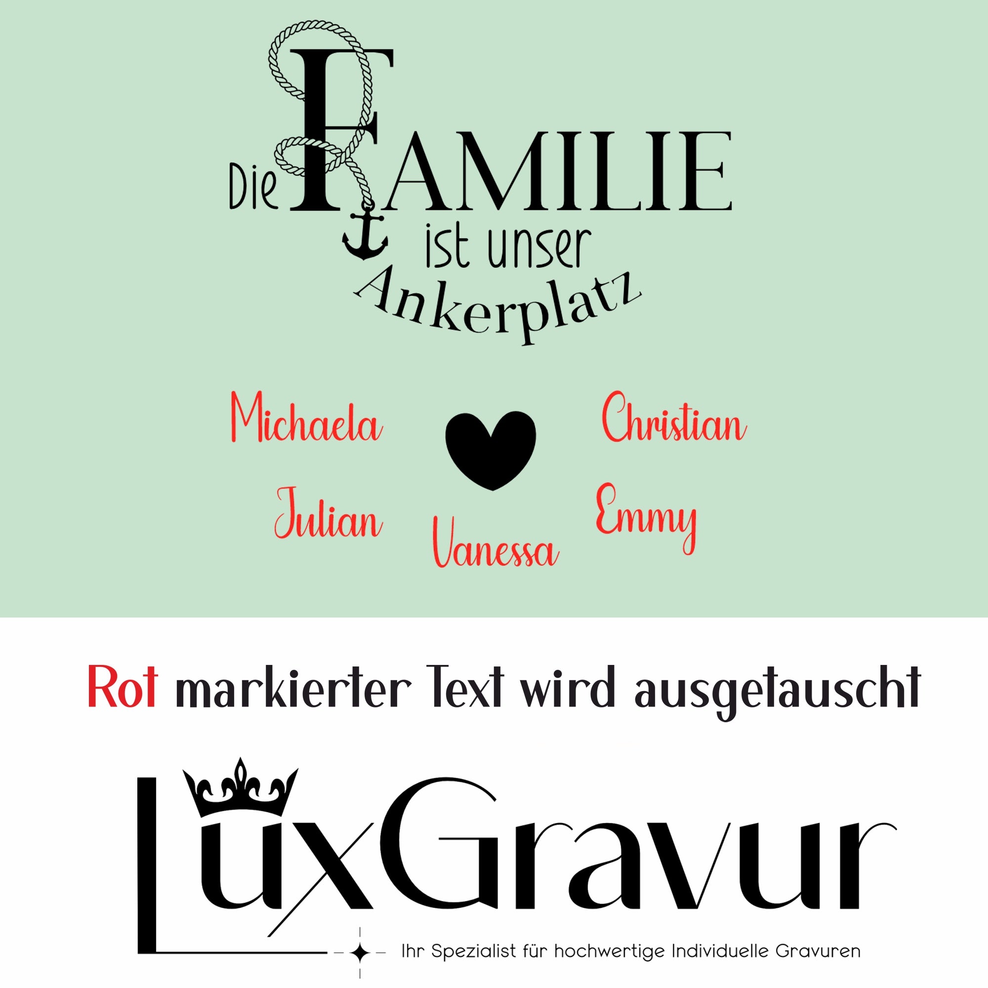 Personalisiertes Windlicht „Die Familie ist unser Ankerplatz“ mit mehreren Namen und Anker-Motiv