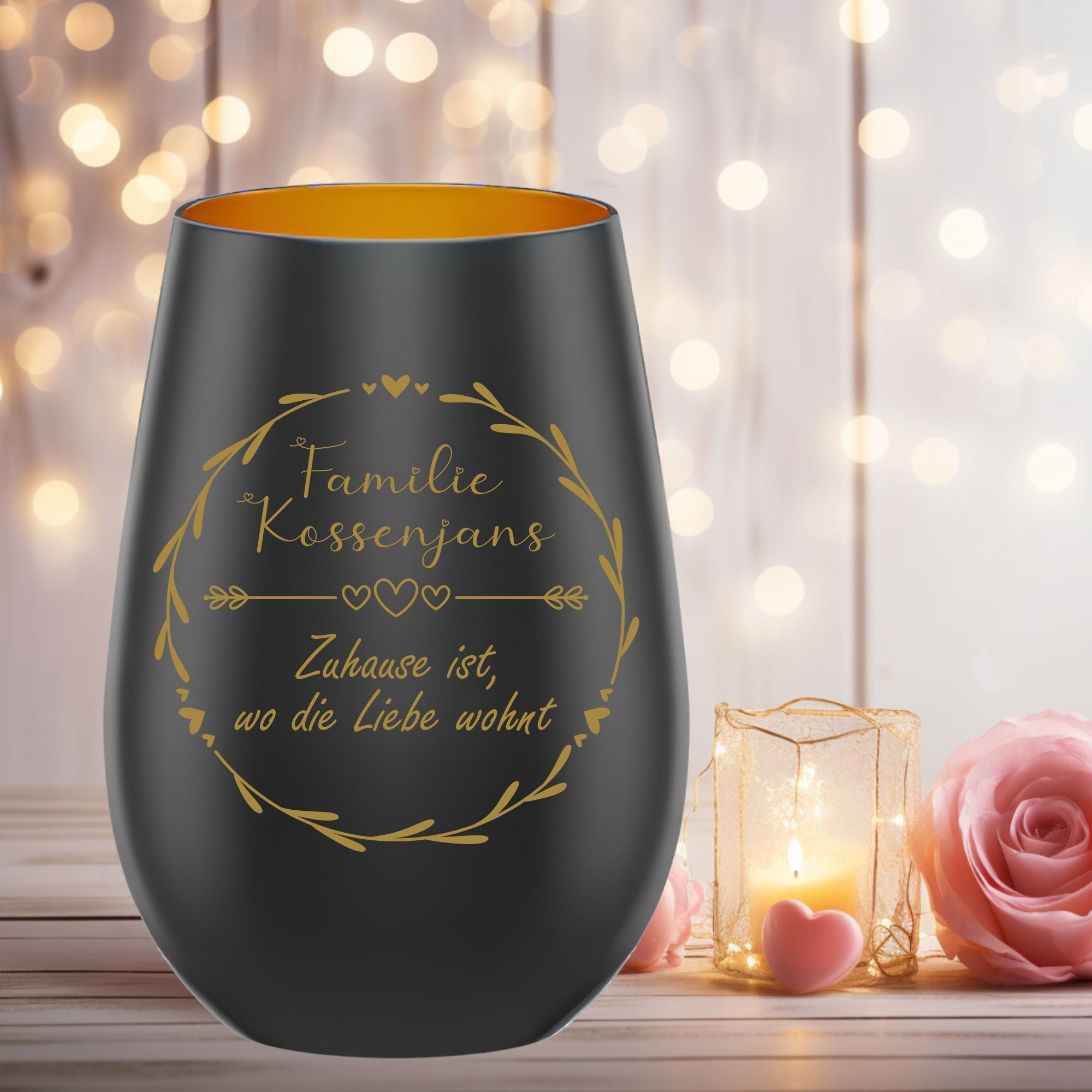 Personalisiertes Familien-Windlicht „Zuhause ist, wo die Liebe wohnt“ mit Familienname im Kranzdesign