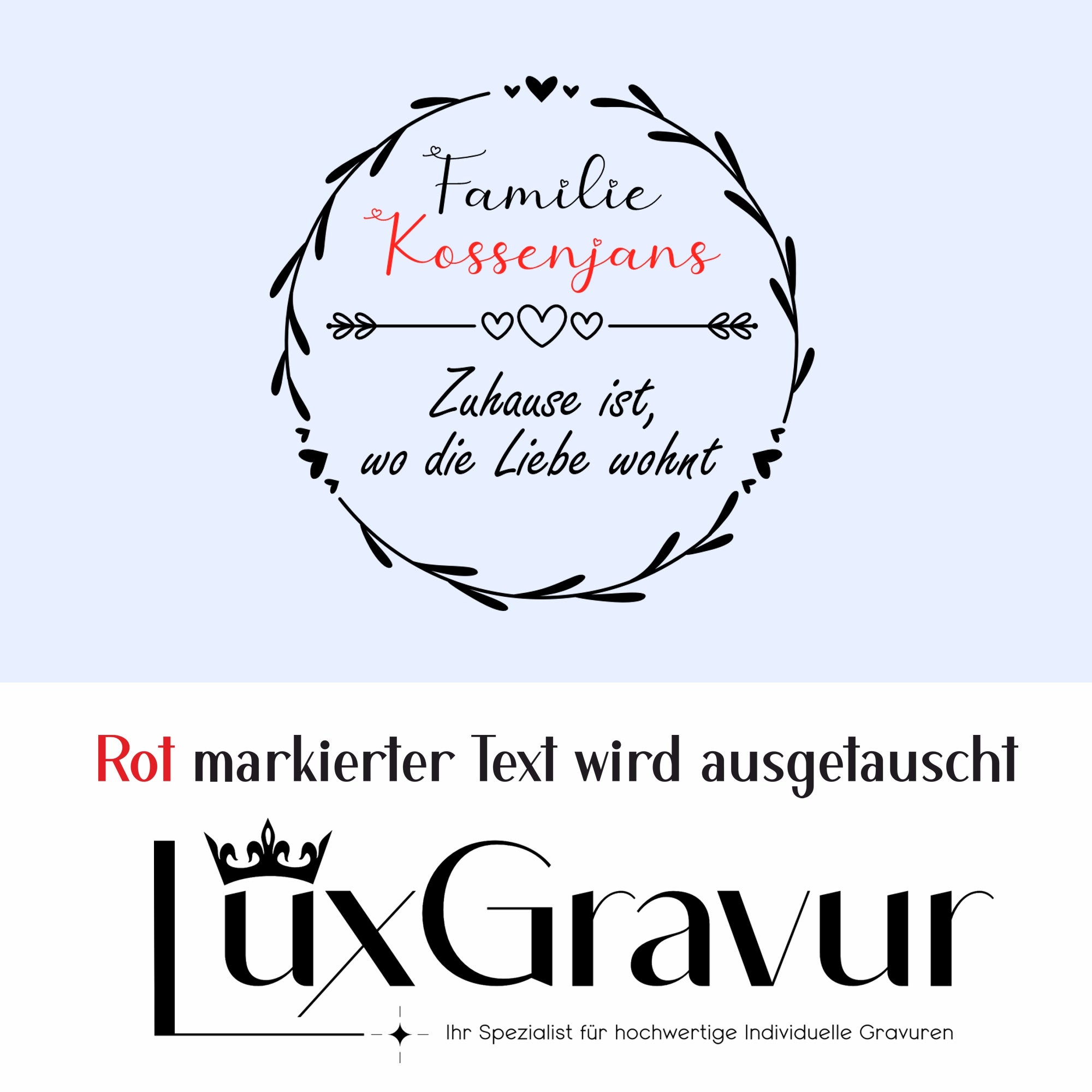 Personalisiertes Familien-Windlicht „Zuhause ist, wo die Liebe wohnt“ mit Familienname im Kranzdesign