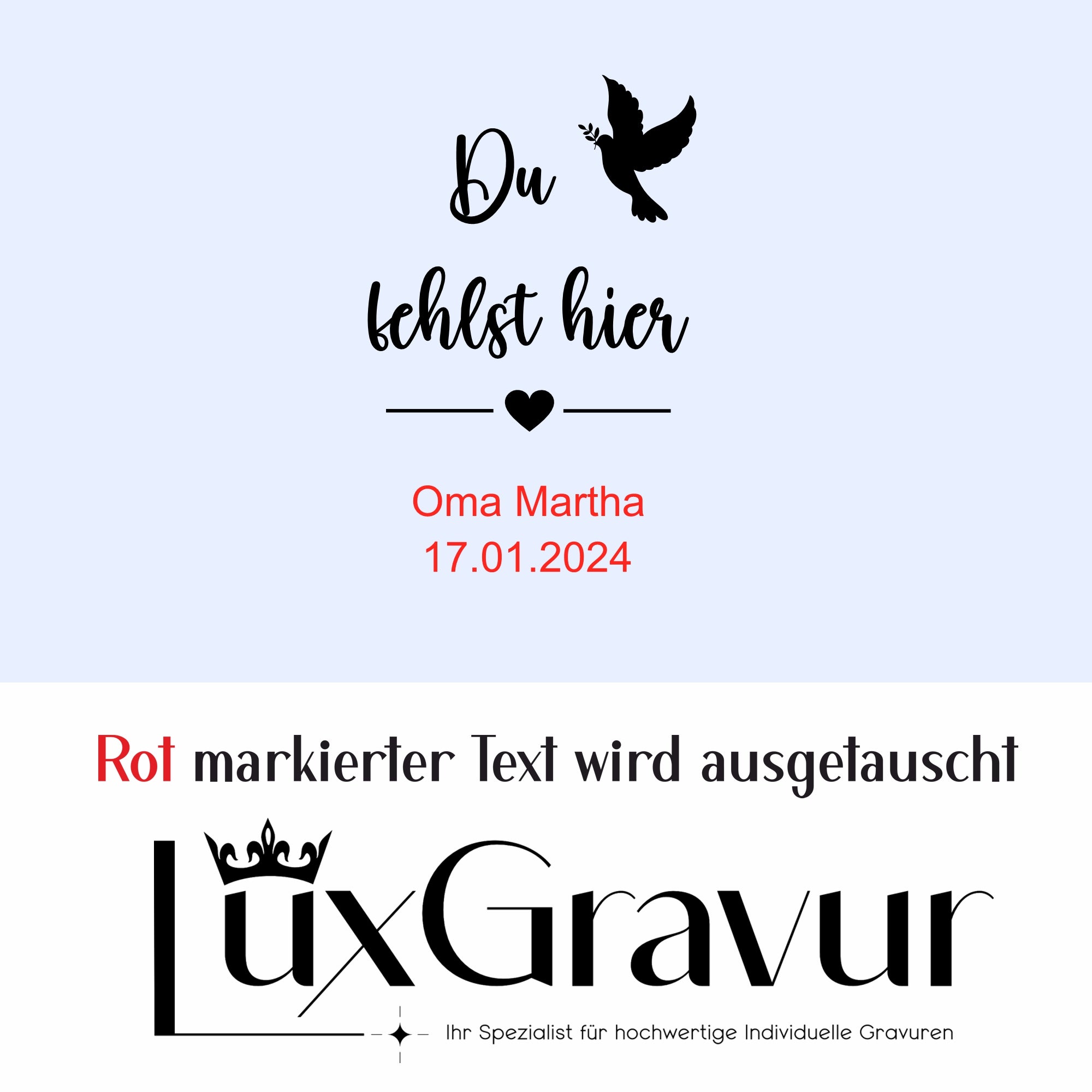 Personalisiertes Gedenk-Windlicht „Du fehlst hier“ mit Taubenmotiv, Name und Datum