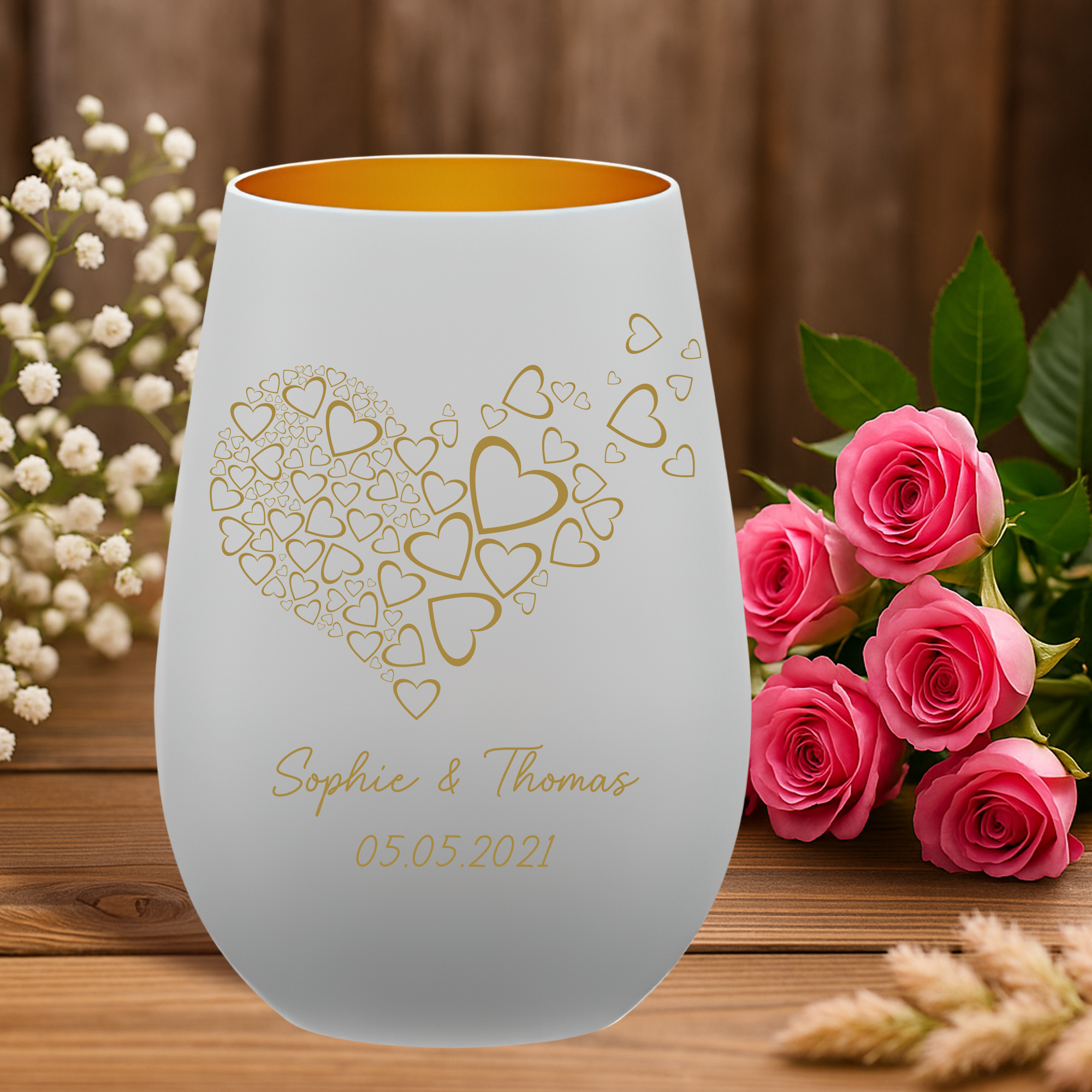 Personalisiertes Windlicht mit Herz aus Herzen und Namens- und Datumsgravur