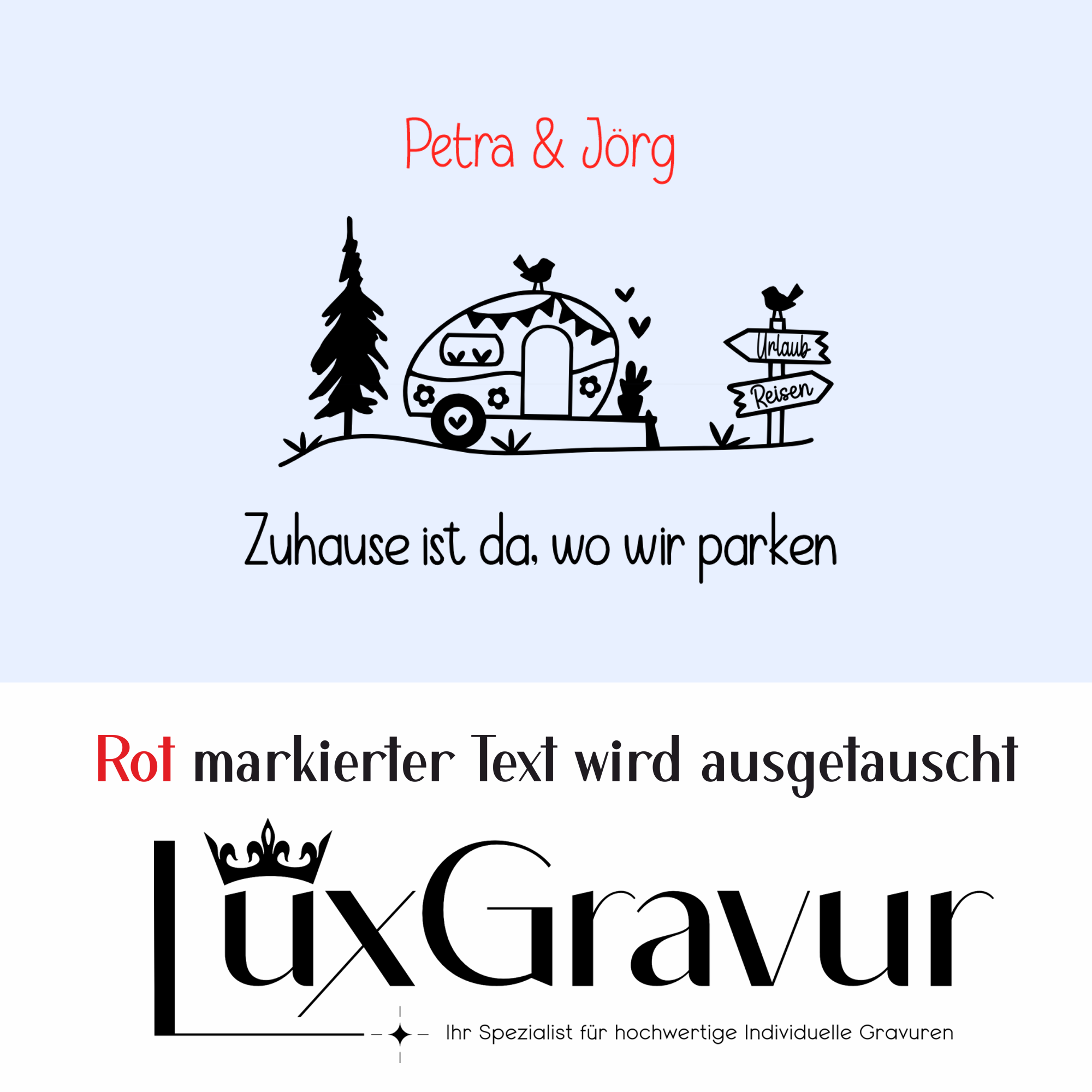Personalisiertes Camping-Windlicht „Zuhause ist da, wo wir parken“ mit Wohnwagen-Motiv und Namen