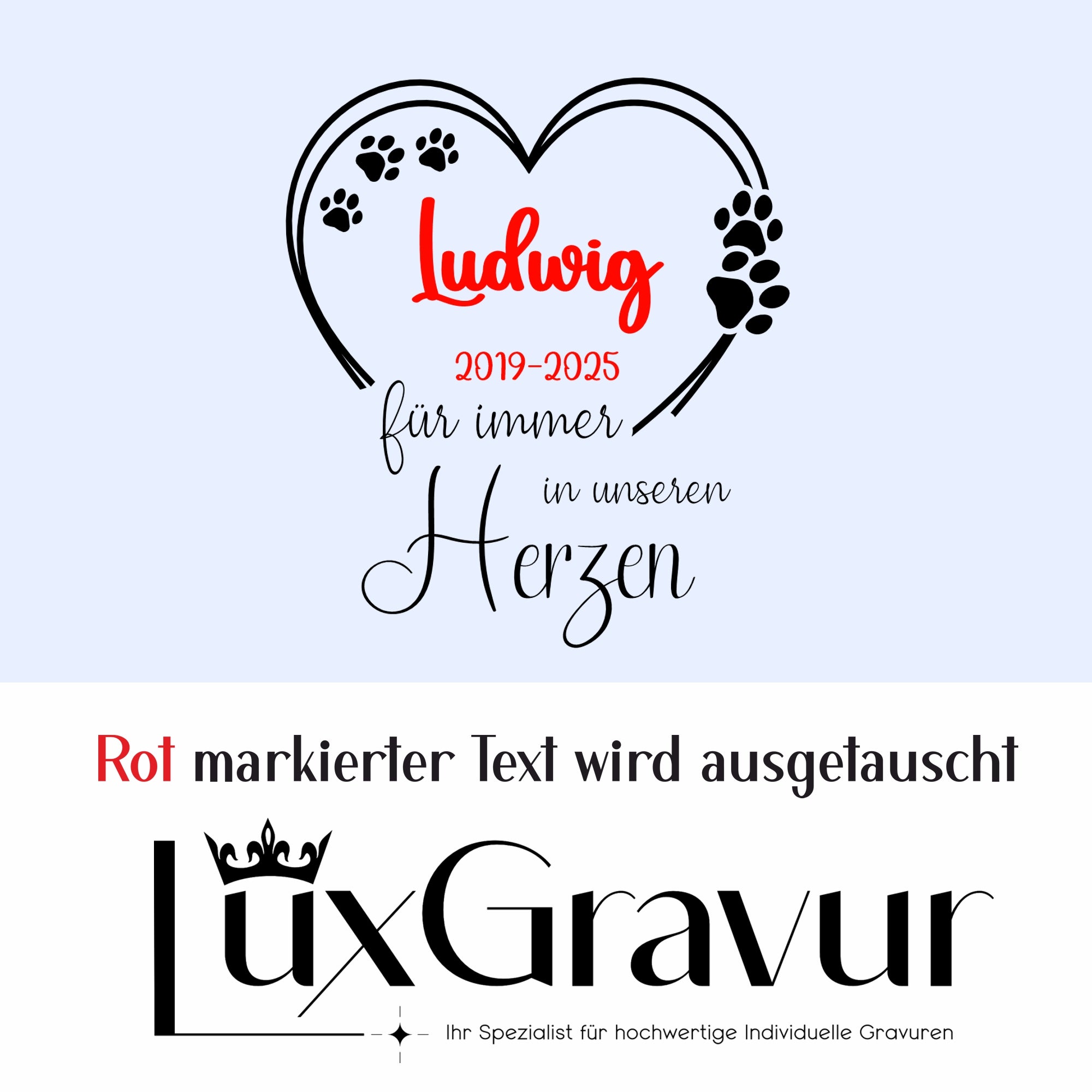 Personalisiertes Tier-Gedenk-Windlicht mit Pfotenherz, Name und Jahreszahlen