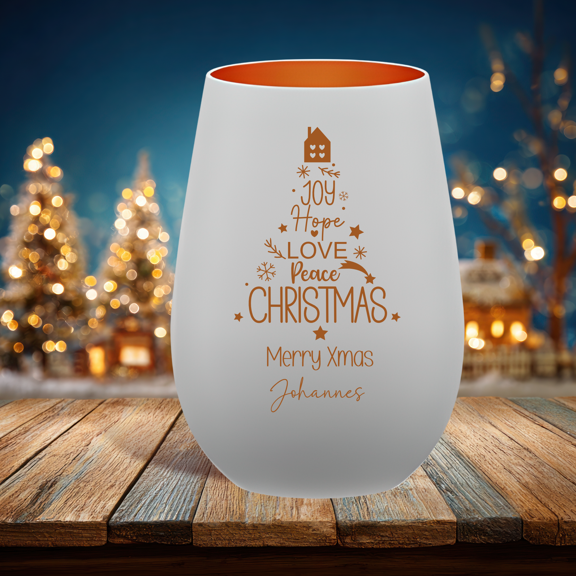 Personalisiertes Weihnachts-Windlicht „JOY Hope Love Peace Christmas“ mit Namensgravur