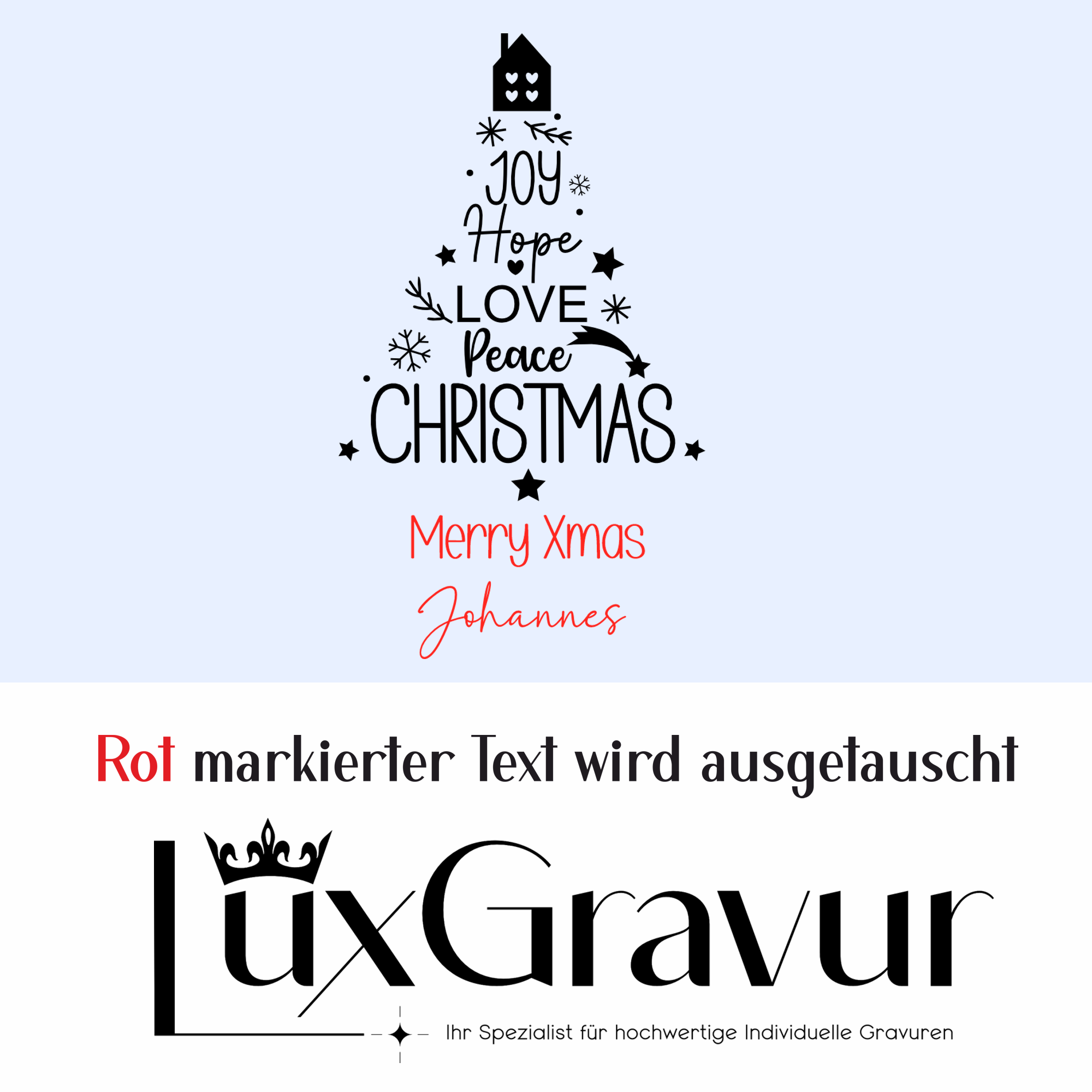 Personalisiertes Weihnachts-Windlicht „JOY Hope Love Peace Christmas“ mit Namensgravur