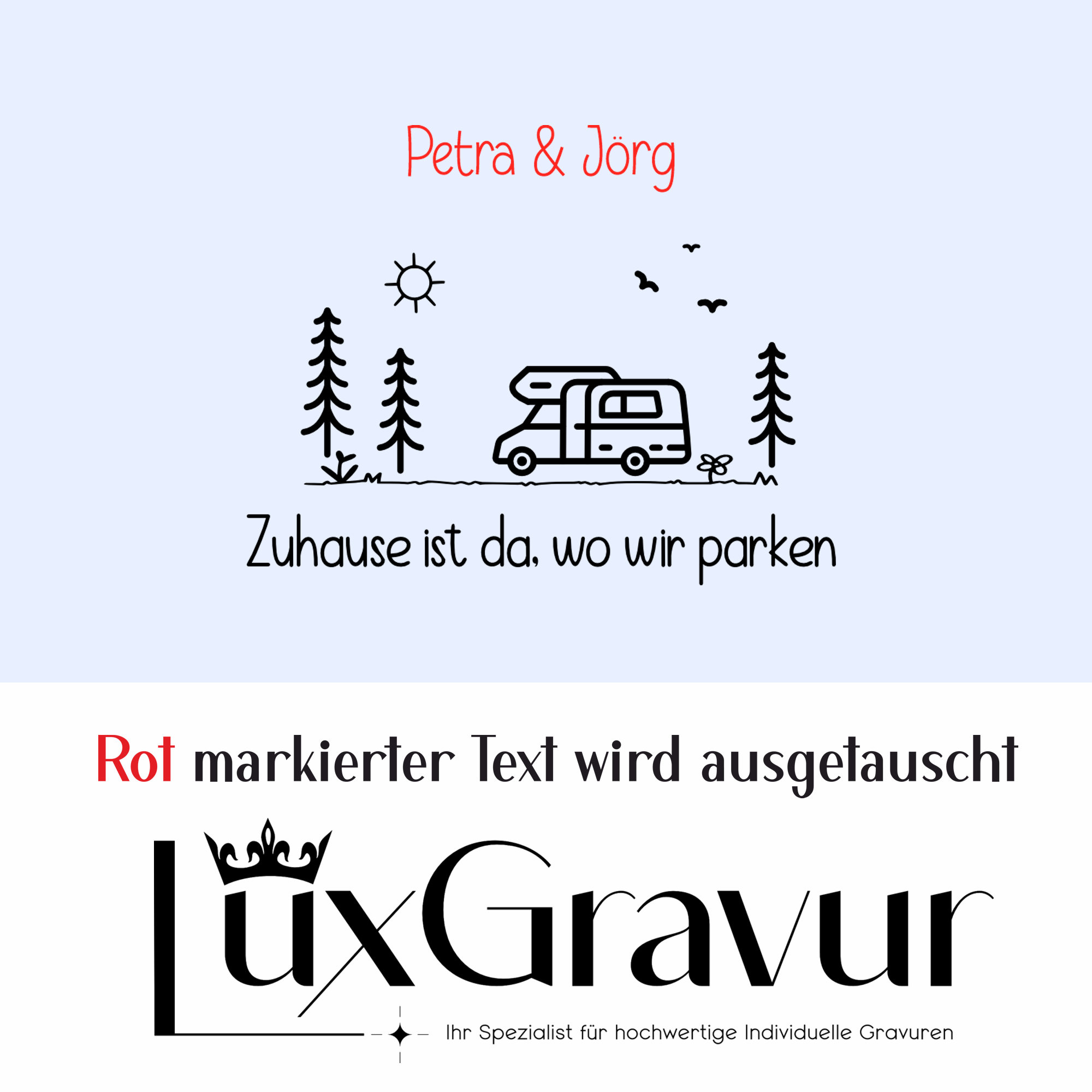 Personalisiertes Camping-Windlicht „Zuhause ist da, wo wir parken“ mit Wohnmobil-Motiv und Namen