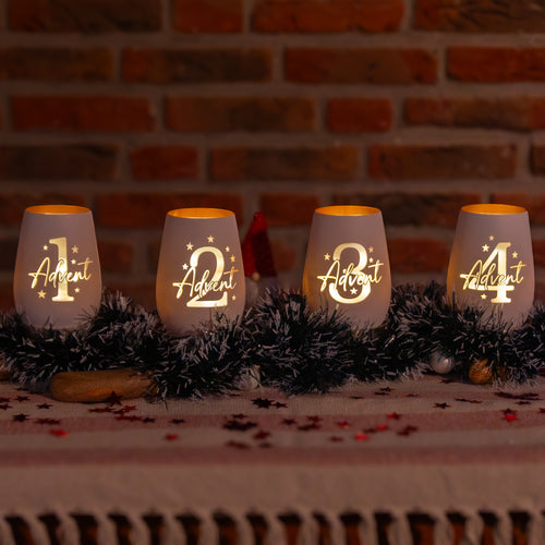 Advents-Windlichter Set 1–4 aus Glas mit Gravur „Advent“